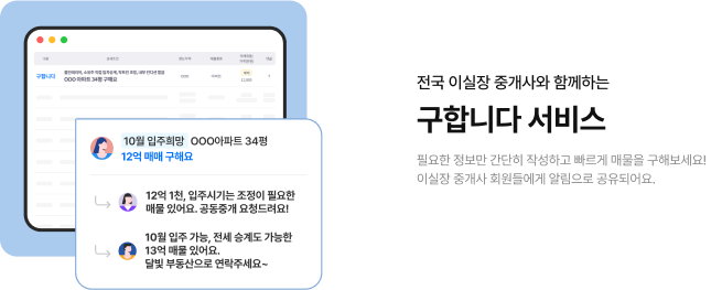 전국 이실장 중개사와 함께하는 구합니다 서비스. 필요한 정보만 간단히 작성하고 빠르게 매물을 구해보세요! 이실장 중개사 회원들에게 알림으로 공유되어요.